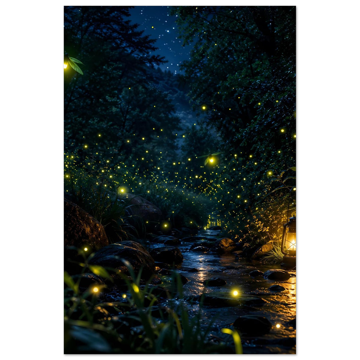 Vertikales Poster mit nächtlichem Wald, Glühwürmchen-Lichtern und Laterne am Bach