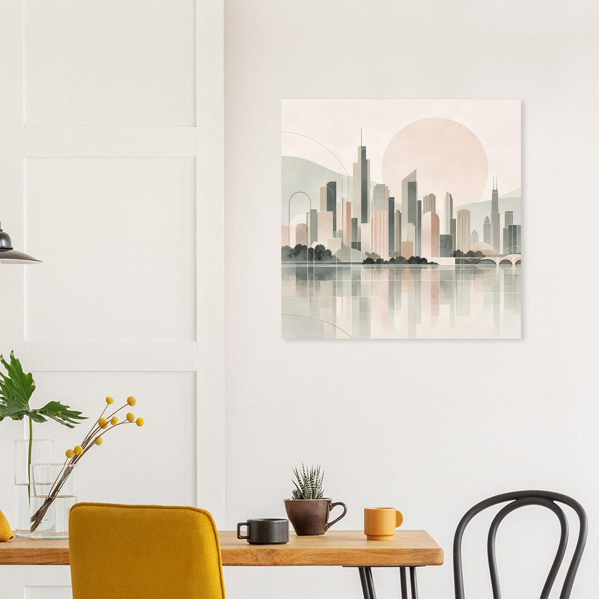 Quadratisches Stadtposter mit Skyline im Pastell-Sonnenuntergang und ruhiger Wasserfläche