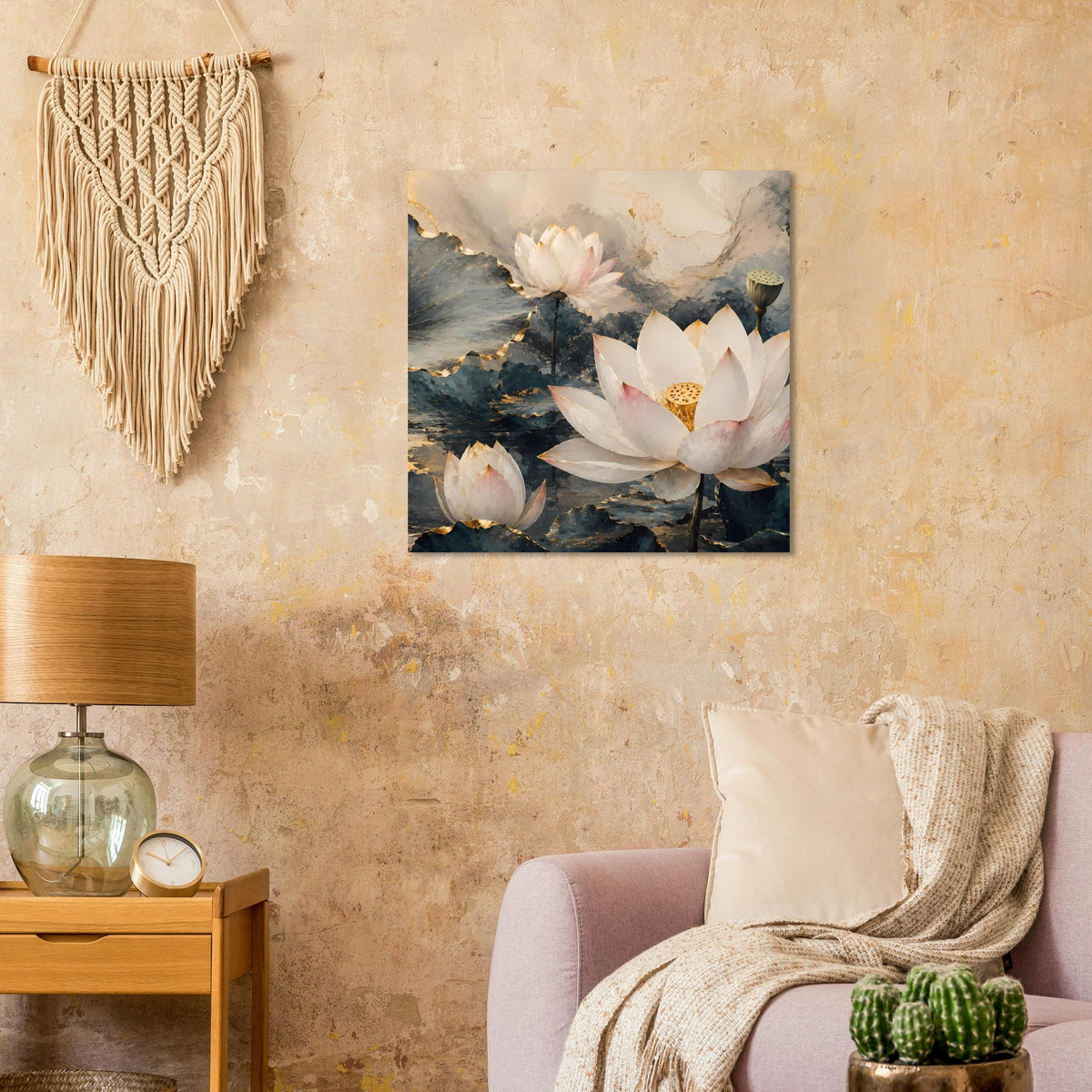 Lotusblumen-Poster mit goldenen Akzenten, quadratisch, weiße Lotusblüten und dunkle Wasserflächen