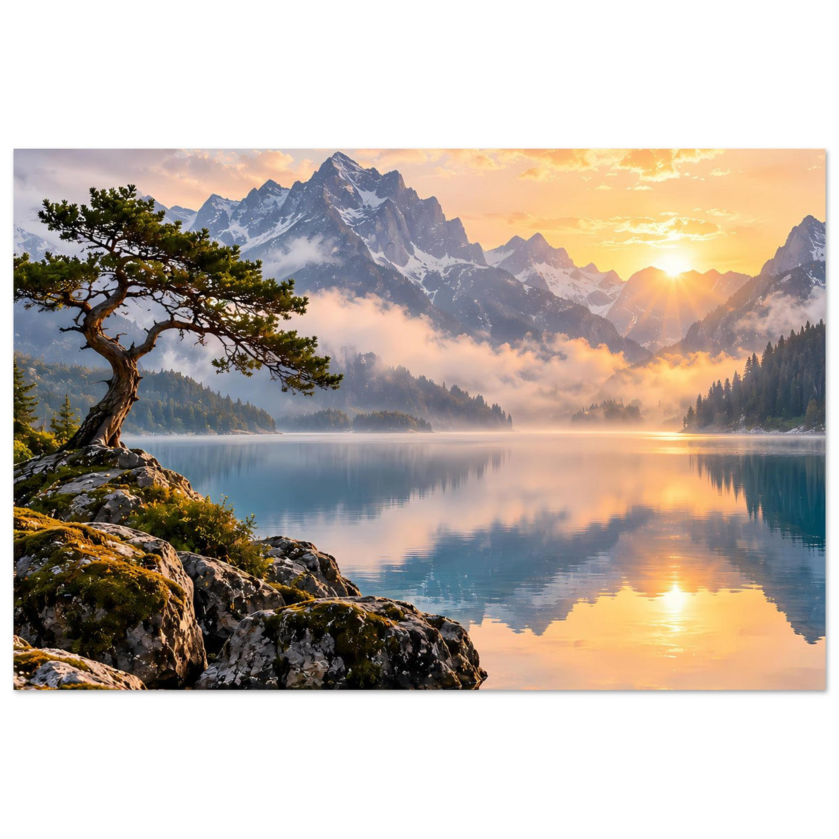 Horizontales Poster mit Sonnenaufgang über Bergen, See-Spiegelung und Baum auf Felsufer
