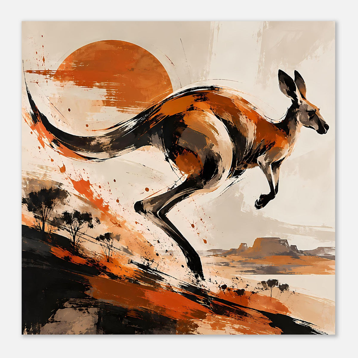 Nahansicht des Tierposters: Känguru im Lauf, orangebraune und dunkle Pinselakzente.