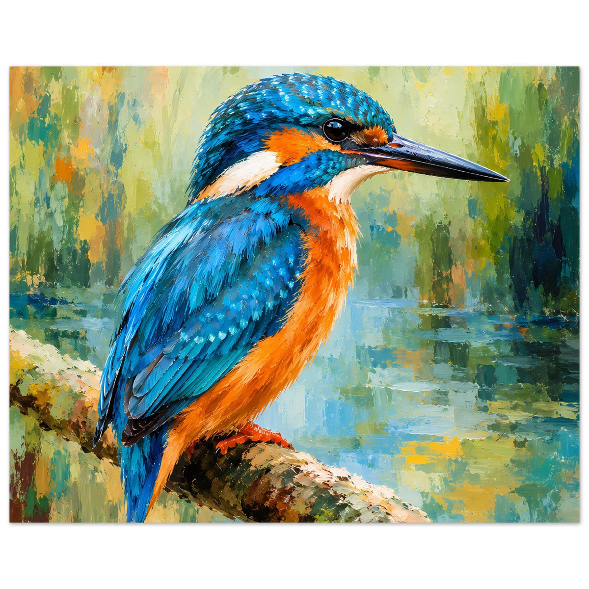 Vibrant Kingfisher Poster, Querformat auf mattem Papier mit Nahansicht eines blau-orange Vogels