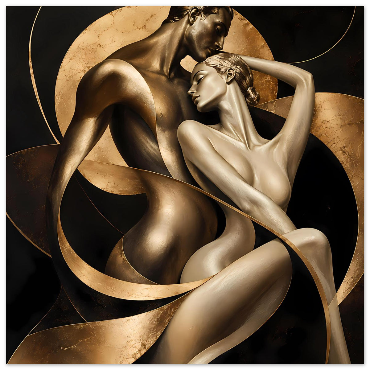 Kunstposter mit goldenen Skulpturfiguren in eleganter Pose und großen geschwungenen Linien