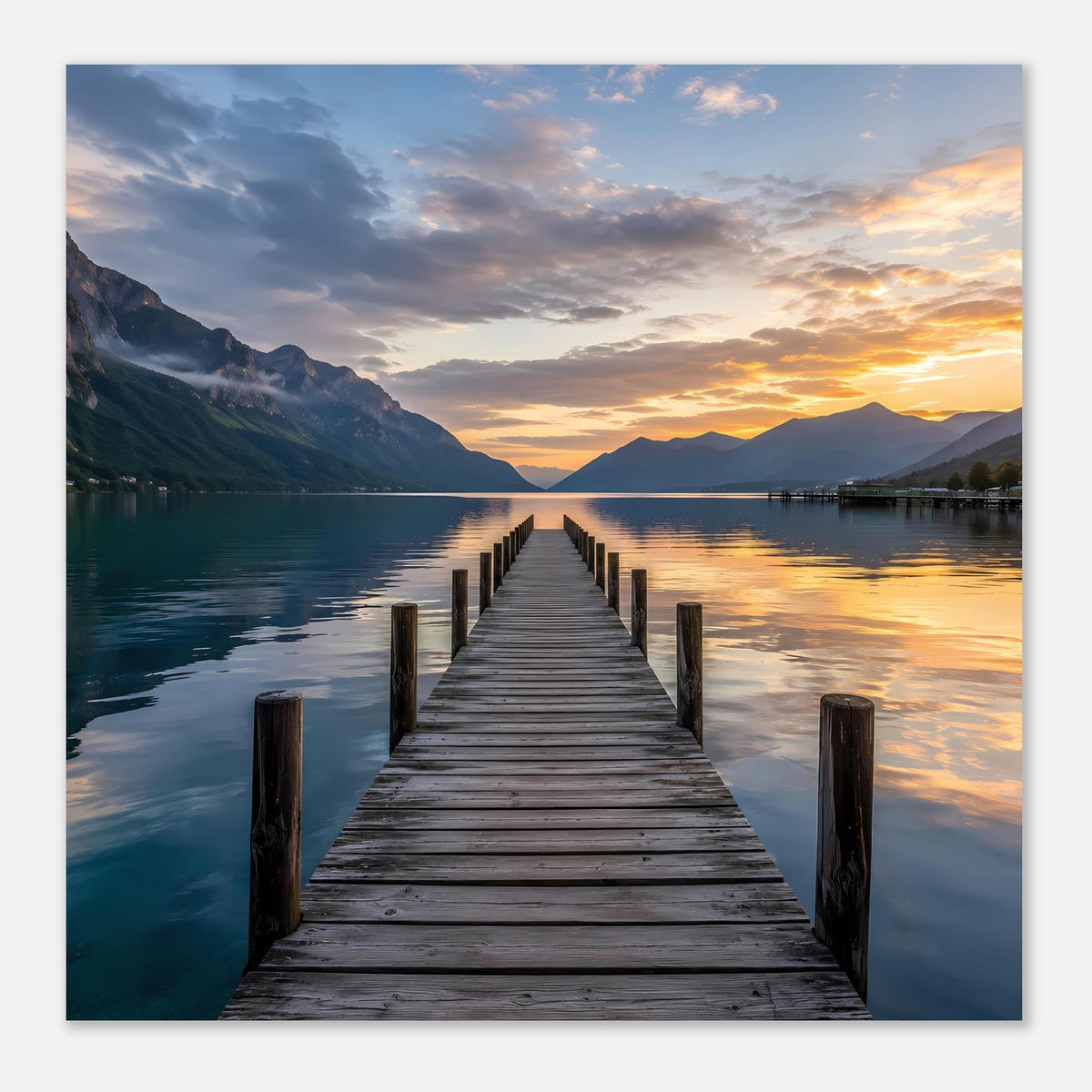 Poster im Querformat: Holzsteg führt ins Licht des Sonnenuntergangs am See