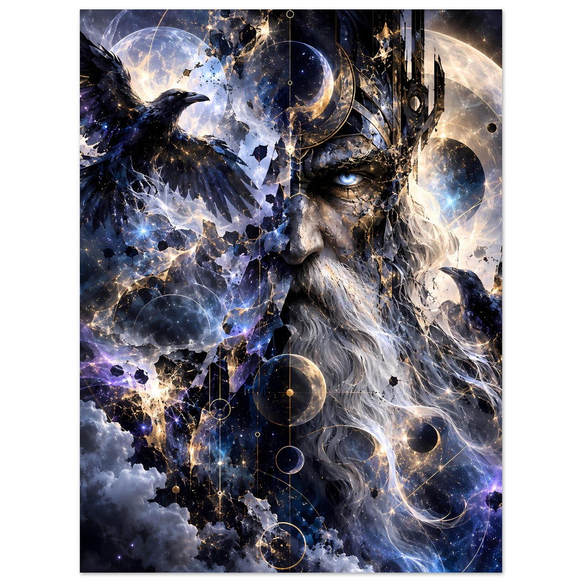 Fantasy-Poster: Sagenkönig-Gesicht, Rabe auf der Seite, Sterne, galaktische Spiralen