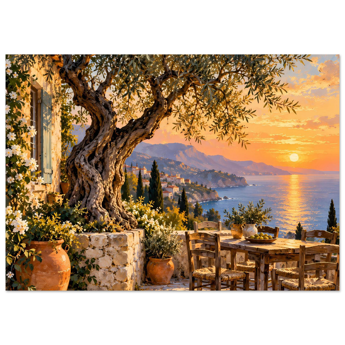 Poster mit Olivenbaum, mediterraner Terrasse und Sonnenuntergang am Meer