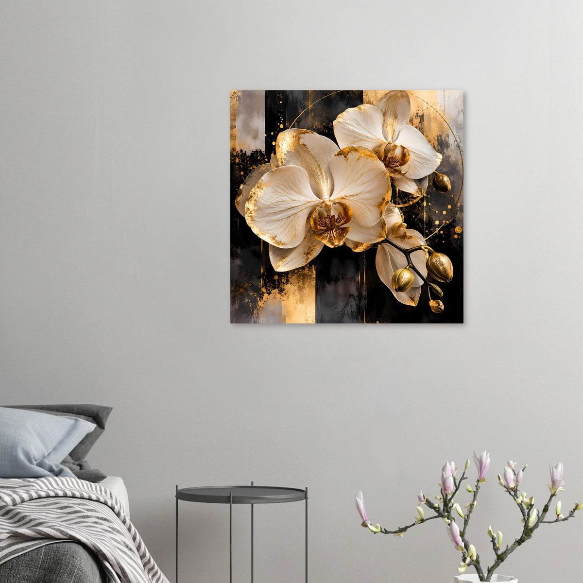 Orchideenposter im Kleinformat mit weißen Blüten und goldfarbenen Highlights