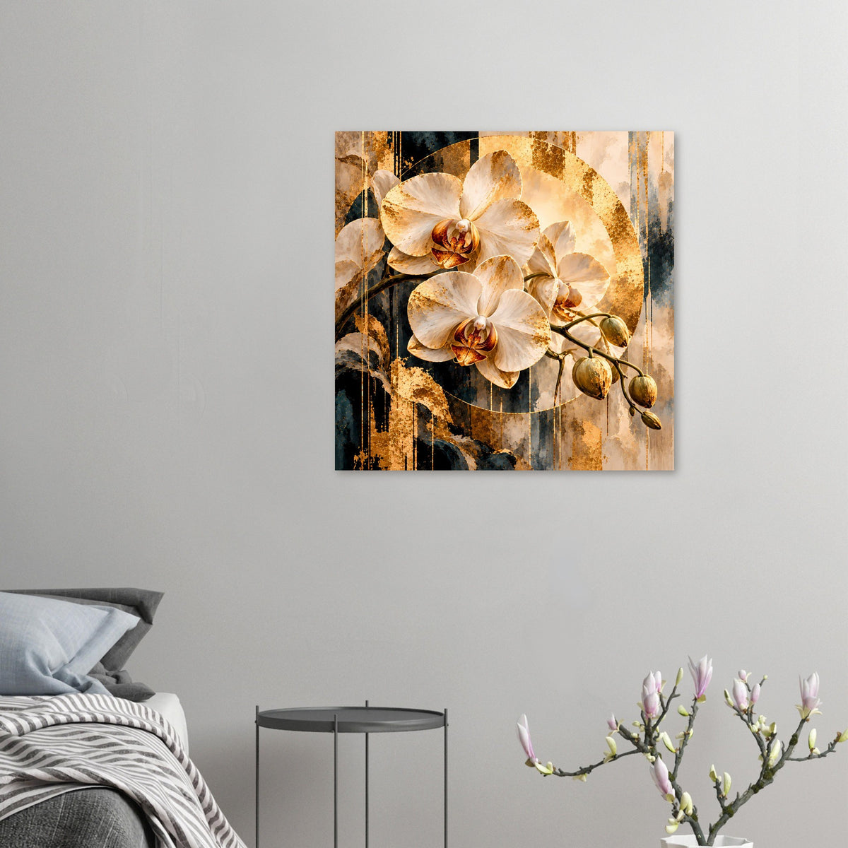 Orchideen-Wandposter (klein) im Querformat: weiße Blüten mit goldfarbenem Glanz