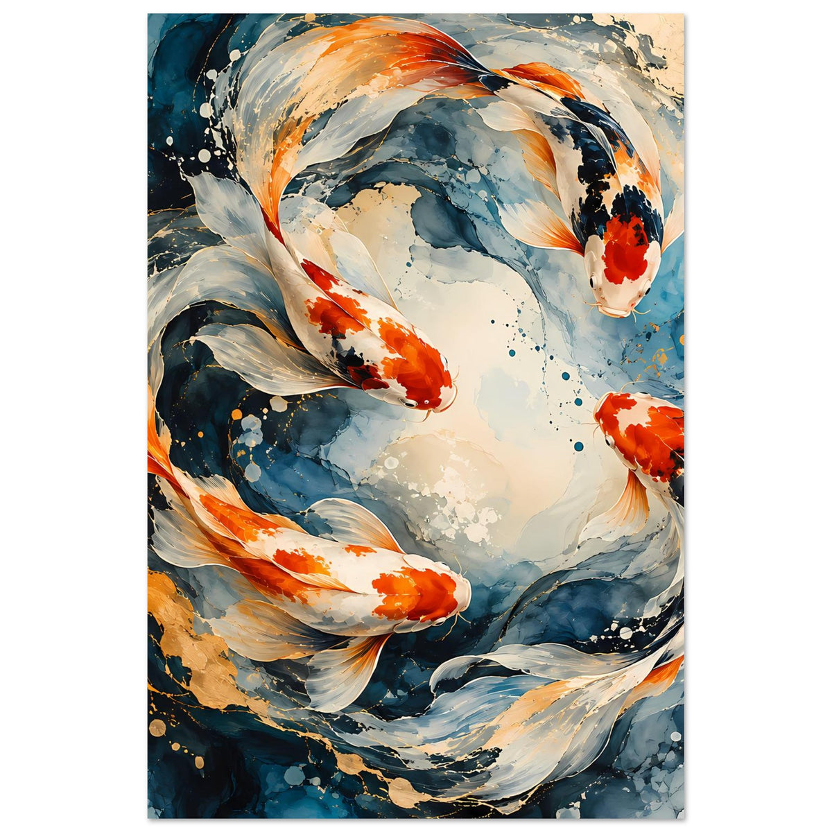 Japanisches Koi-Fisch-Poster im Hochformat: blauer Wasserwirbel mit orange-roten Koi