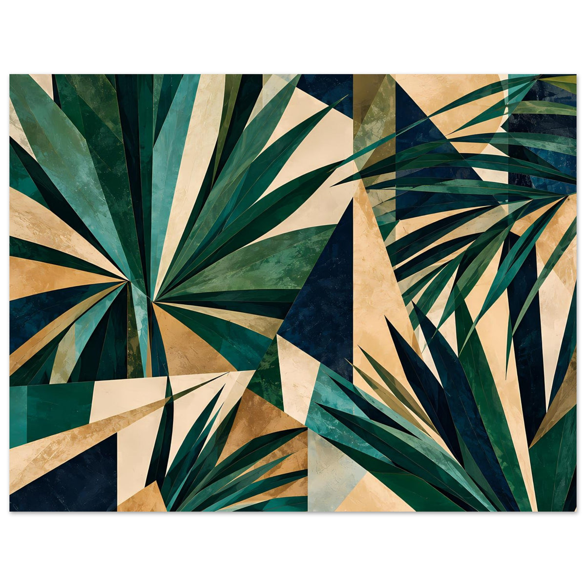 Kunstdruck-Poster im Querformat mit geometrischen Tropenblättern in Dunkelgrün und Goldtönen