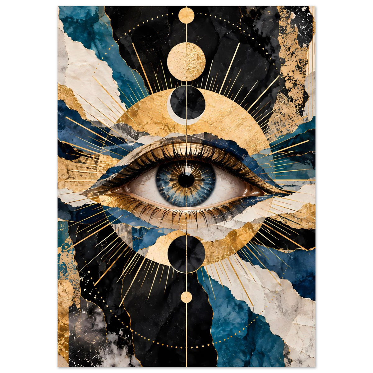 Kunstposter mit großem Auge in Gold-/Blau-Tönen, abstrakte Flecken, Strahlen und Kreise