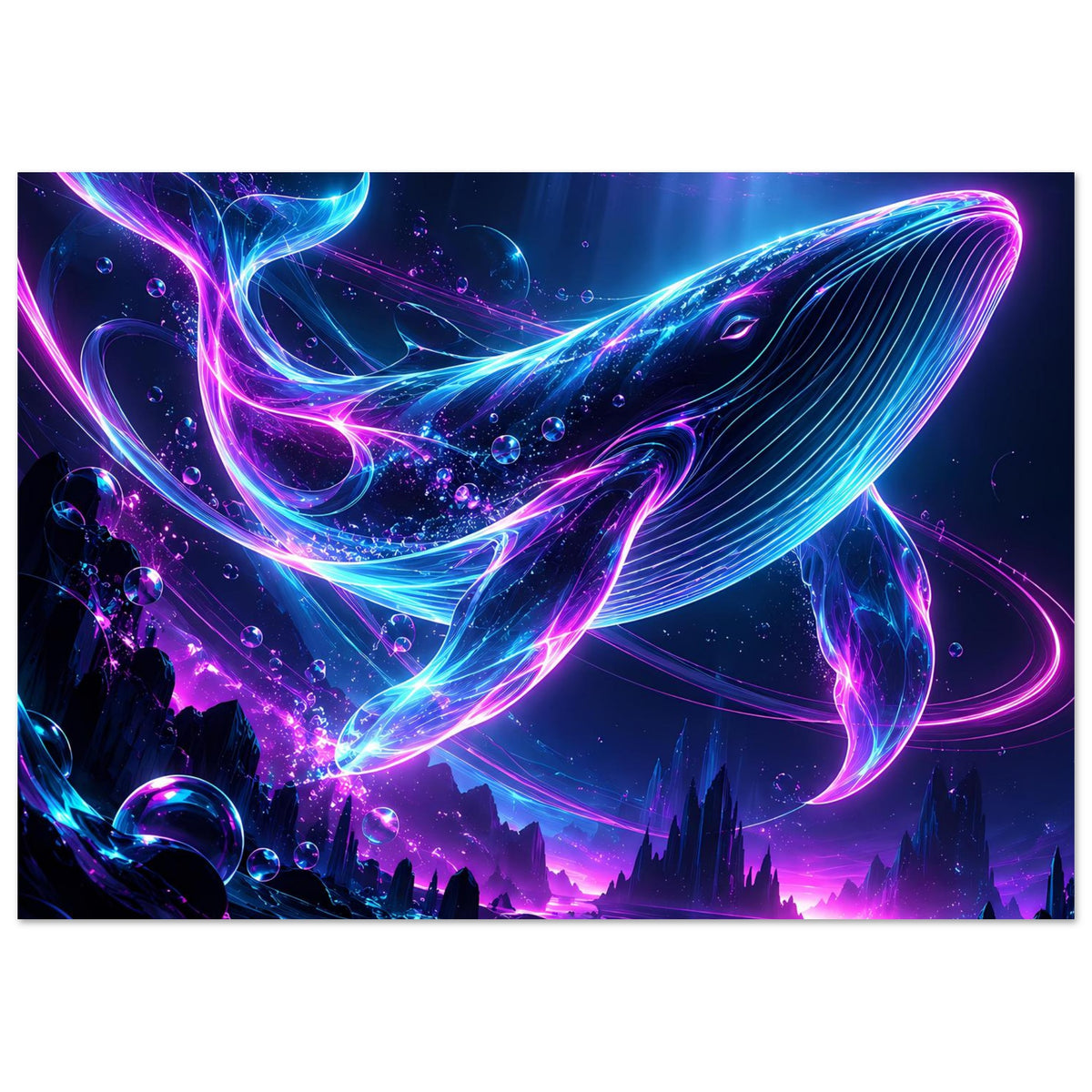 Unterwasserposter mit Neon-Wal-Lichtlinien in Pink und Blau, Wellen und Blasen