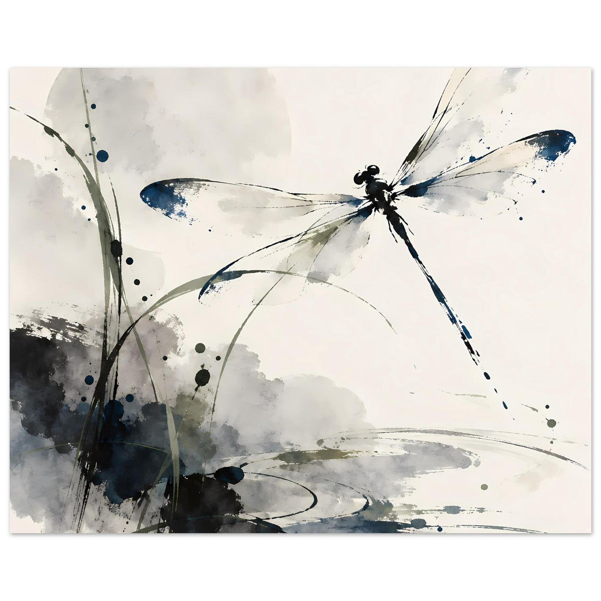 Querformat-Aquarell-Poster mit Libelle in Blau und Grau, feine Linien und Sprenkel.