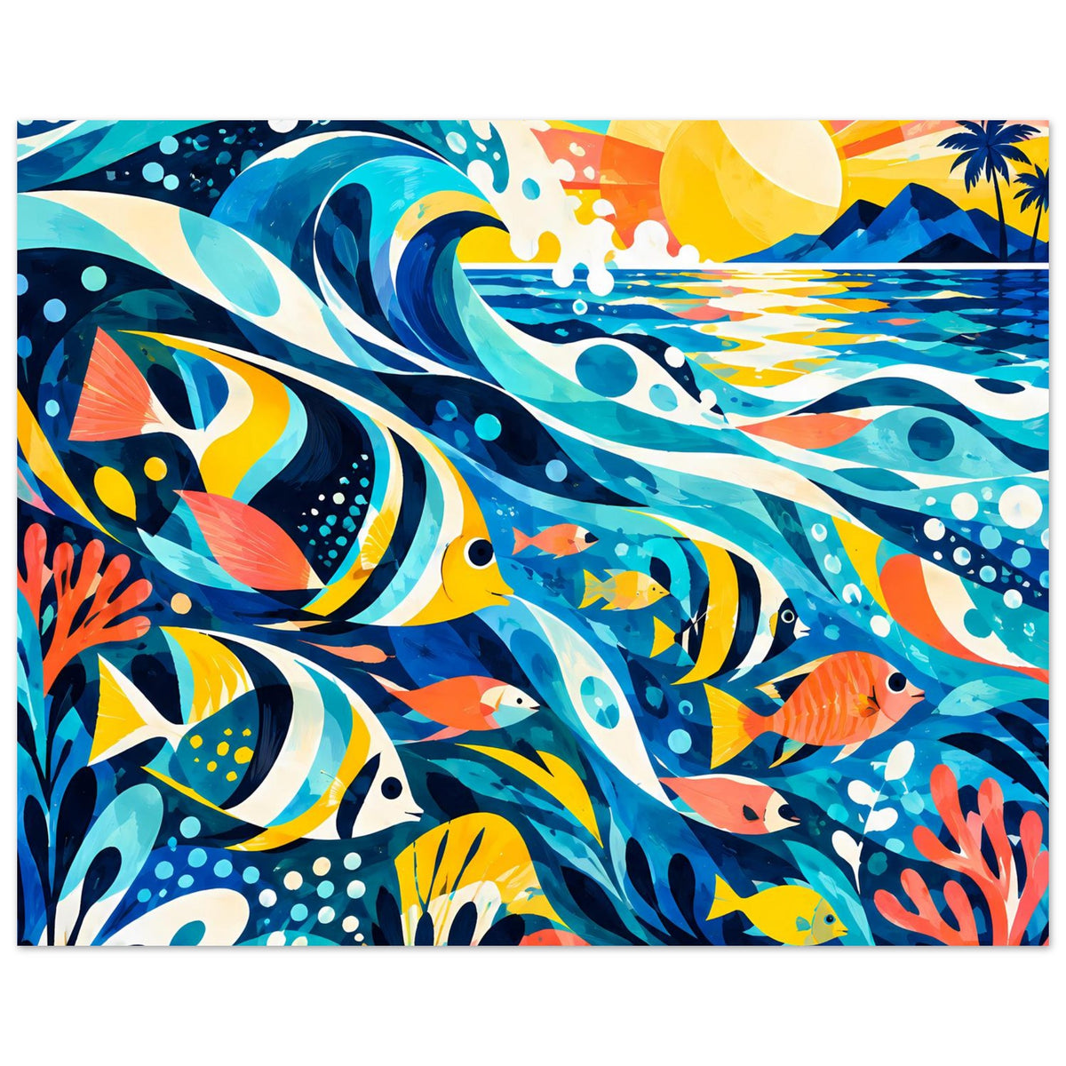 Tropisches Ozean-Poster im Querformat mit bunten Fischen und Wellen