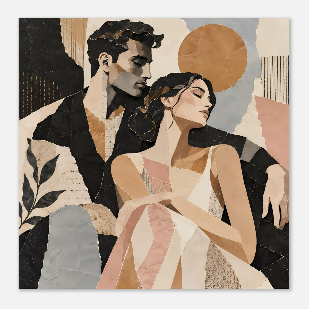 Kunstposter mit Paarporträt in warmen Tönen, dunkle Silhouetten, beiger Hintergrund und rosafarbene Akzente
