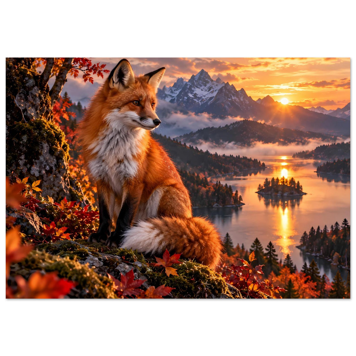 Poster mit rotem Fuchs, Herbstwald und See, Berge im Sonnenuntergang mit goldenen Farben
