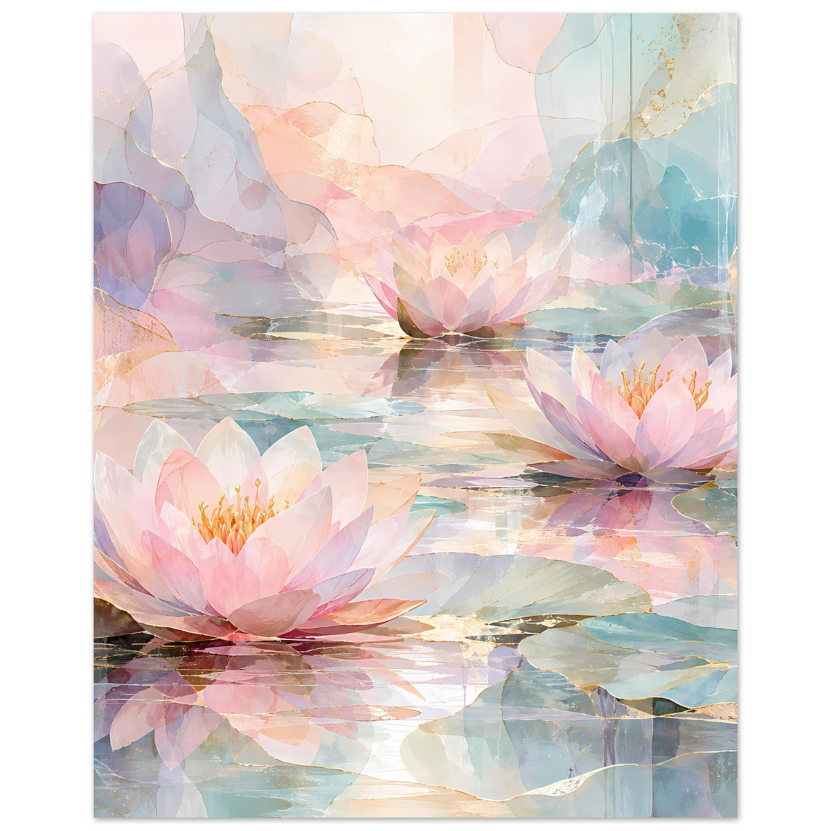 Floralposter mit Seerosen auf ruhigem Wasser in Pastelltönen, Hochformat