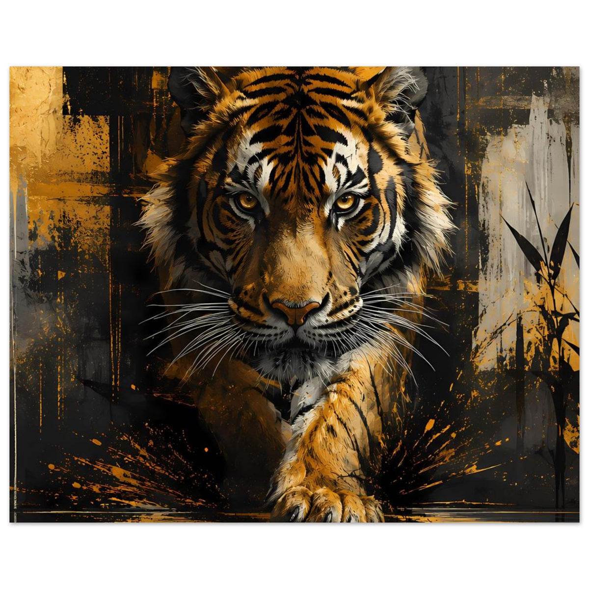 Tiger-Poster im Rahmen: Tiger blickt nach vorn, goldgelb-braunes Fell, schwarze Streifen