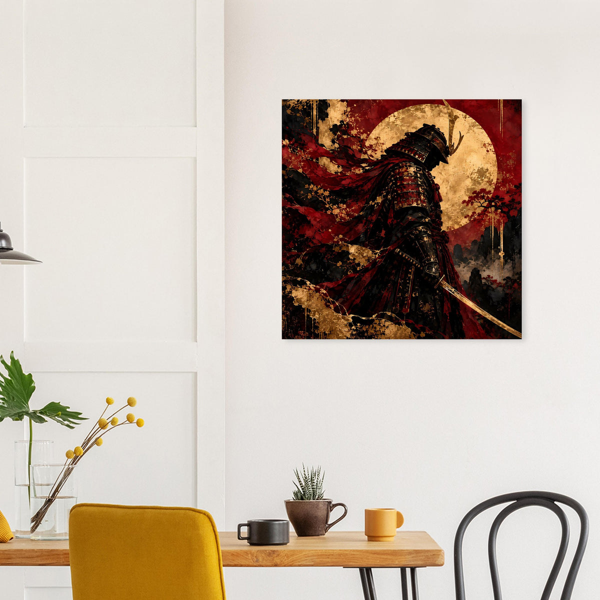 Quadratischer Wanddruck: Samurai-Krieger mit Katana, schwarzer Rüstung, rotem Umhang und goldenem Kreis.