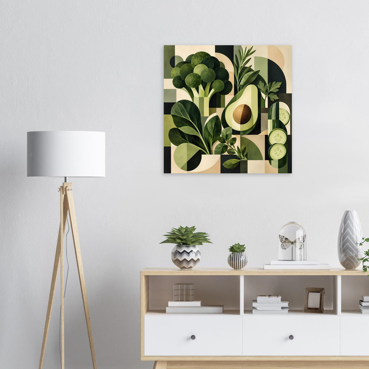 Geometrisches Pflanzenposter mit grünen Blättern und Avocado-Scheiben