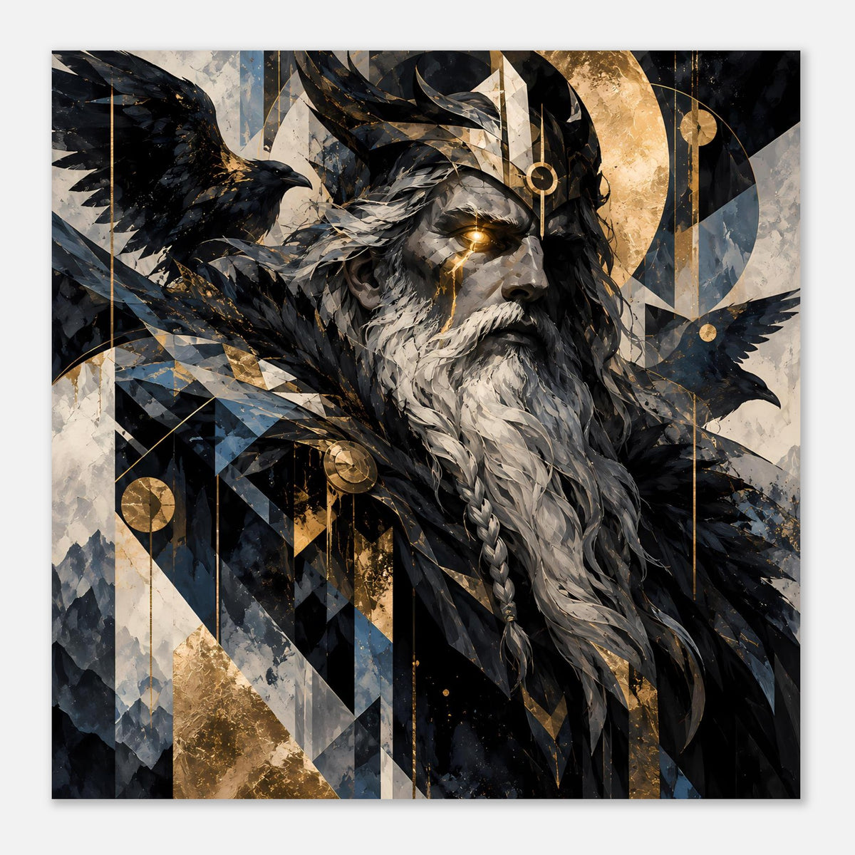 Poster mit Odin im 3/4-Blick: Rabe, goldene Akzente und nordische Runen in Schwarz, Gold, Blau
