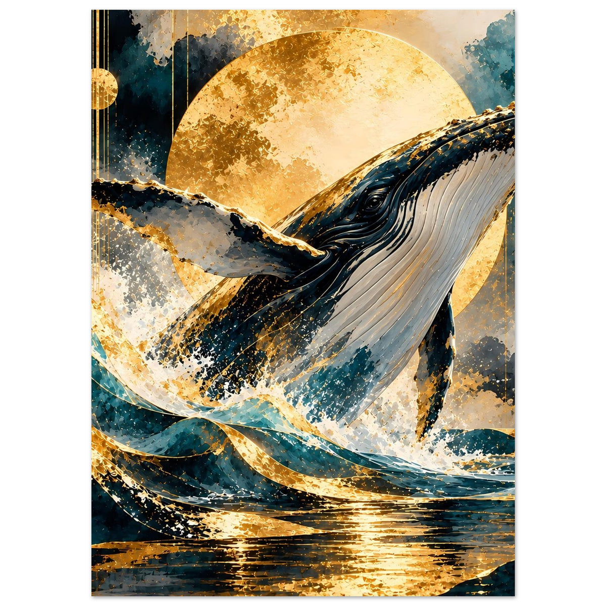 Poster mit Buckelwal unter goldenem Mond, Meereswellen in Blau und Gold