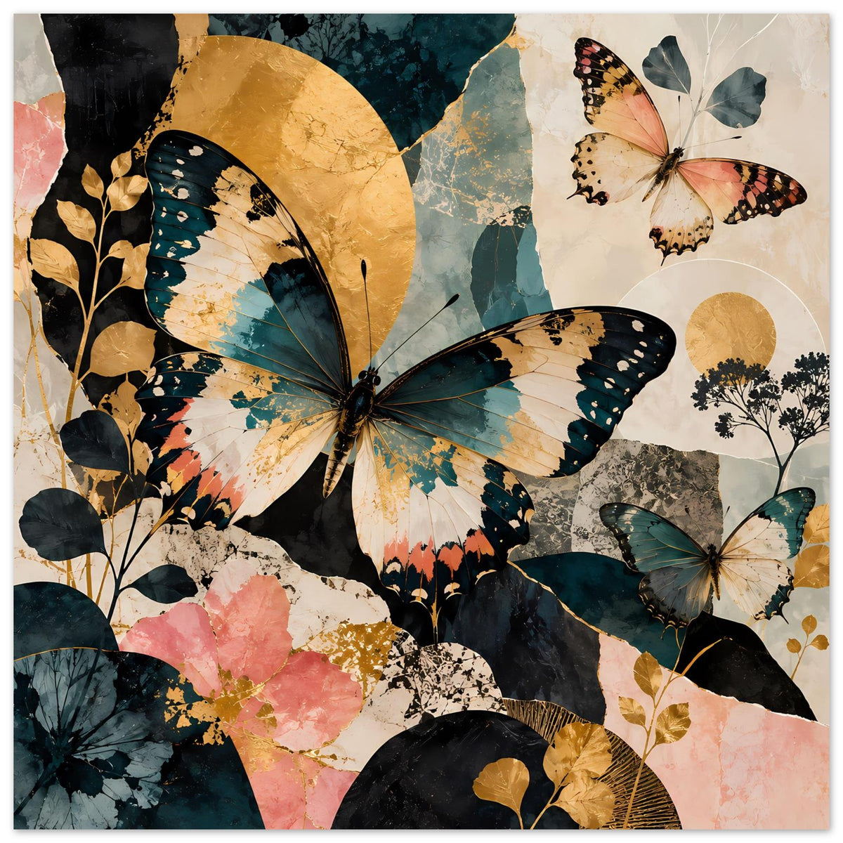 Kunstposter mit Schmetterlingen in Türkis, Gold und Pfirsich, florales Collage-Design.