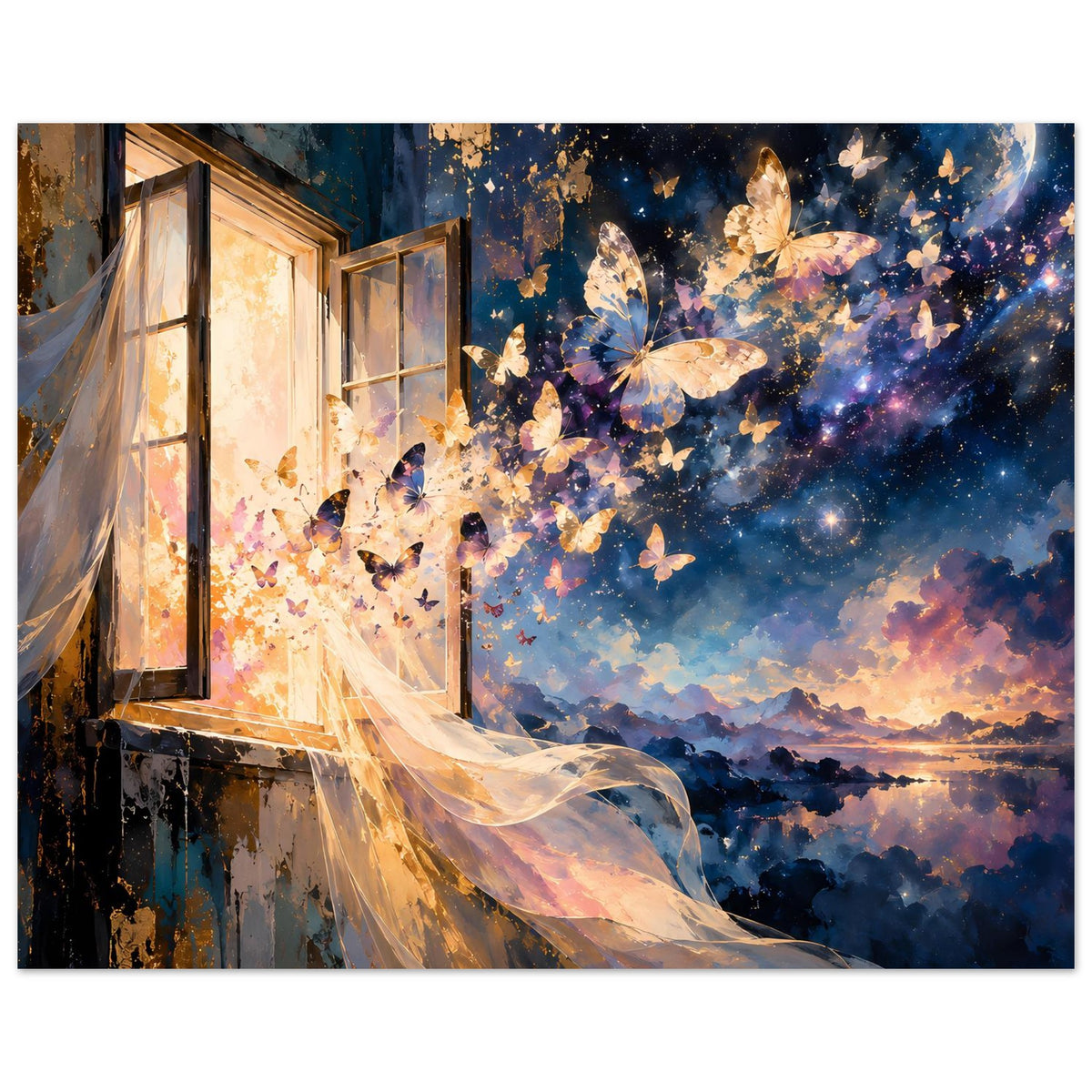 Kunstposter mit Schmetterlingen und Wolkenhimmel, beleuchtete Fensterfront und wehender Vorhang