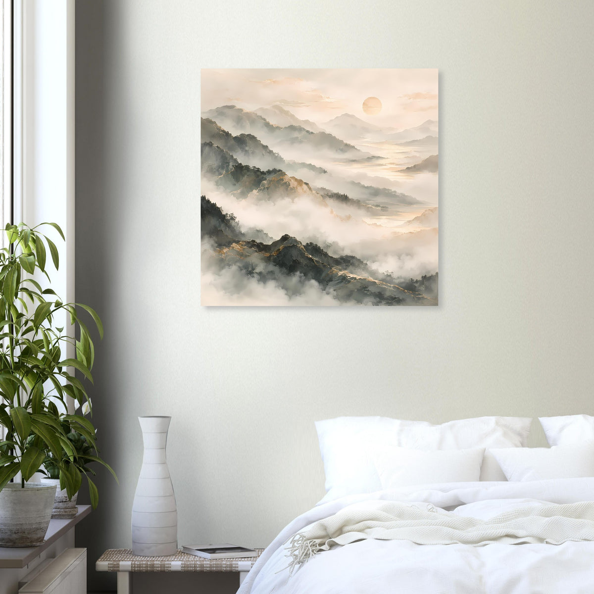 Quadratisches Poster mit Bergpanorama im Dunst, Pastellhimmel