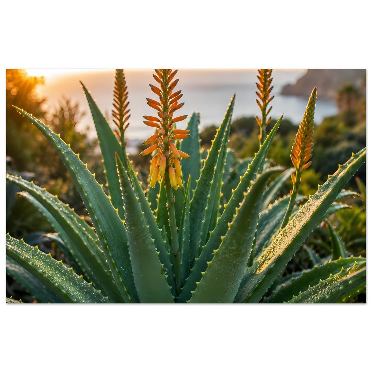 Breites Poster mit Aloe vera und orangefarbenen Blütenrispen, zentrale Pflanze im Fokus