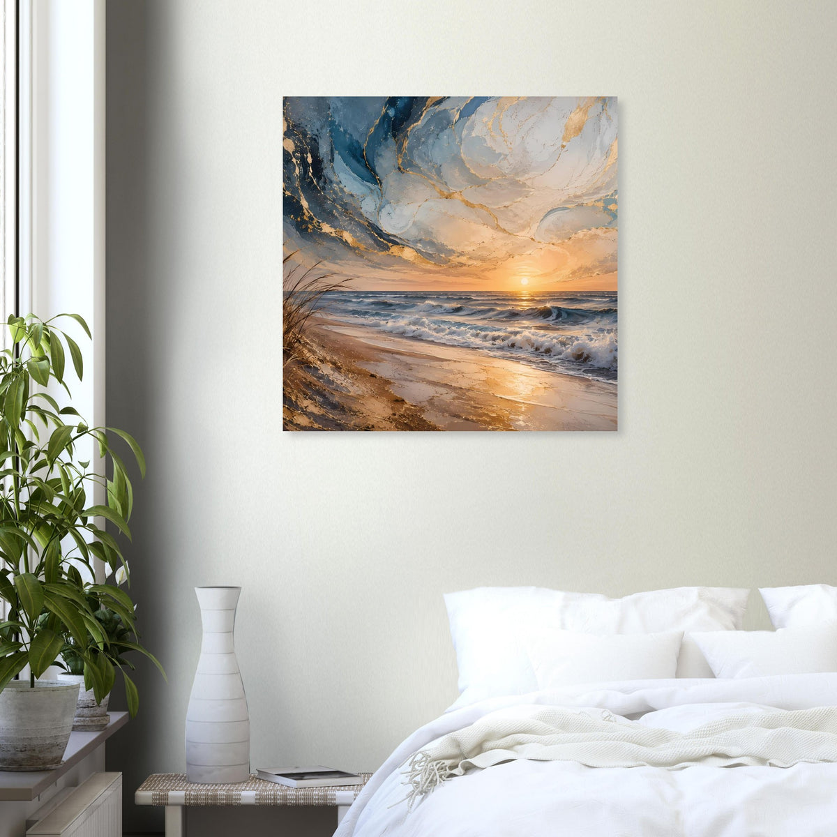 Quadratisches Poster mit Küste und glitzerndem Sonnenuntergang, Holzrahmen