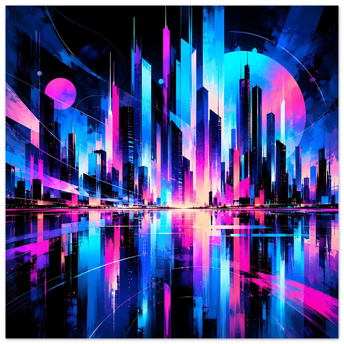 Neon-Stadtlandschafts-Poster, Querformat, blau-pinke Skyline mit bunten Reflexionen