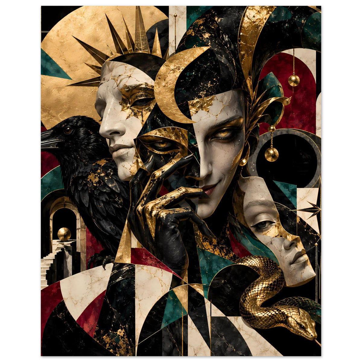 Kunstposter mit Porträtkollage, goldfarbenen Details, schwarzer Taube und gewundener Schlange