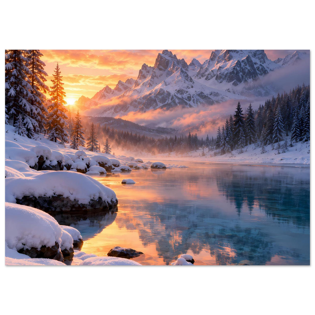 Winterlandschaft-Poster mit verschneiten Bergen, Sonnenaufgang und ruhigem Fluss, Querformat