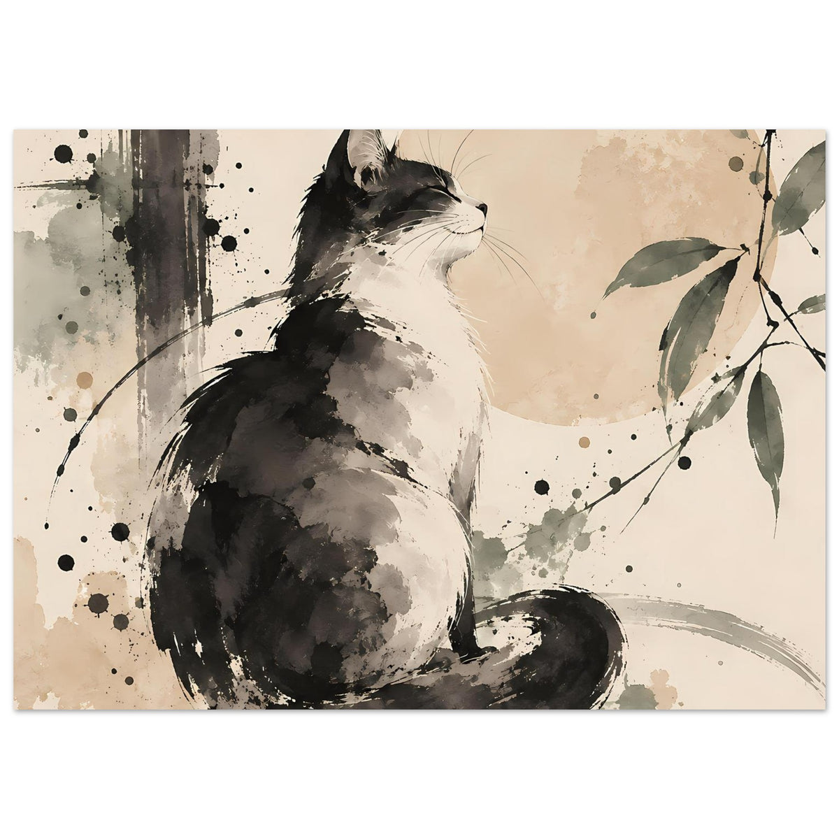 Poster mit sitzender Katze im Schwarzweiß-Aquarell, links Farbverlauf und Spritzdekor