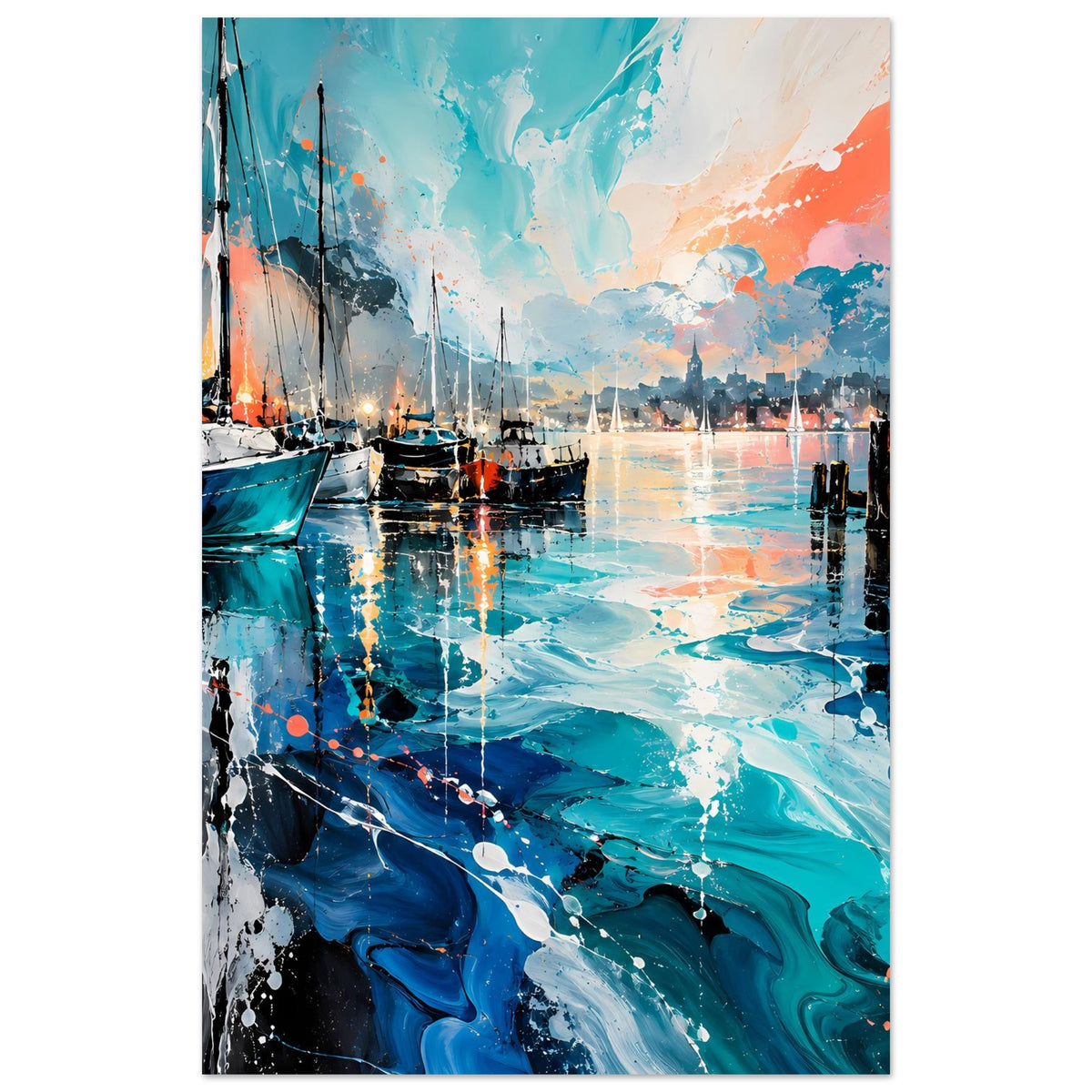 Vertikales Hafenposter, Segelboote links, türkis-blaues Wasser mit Reflexionen