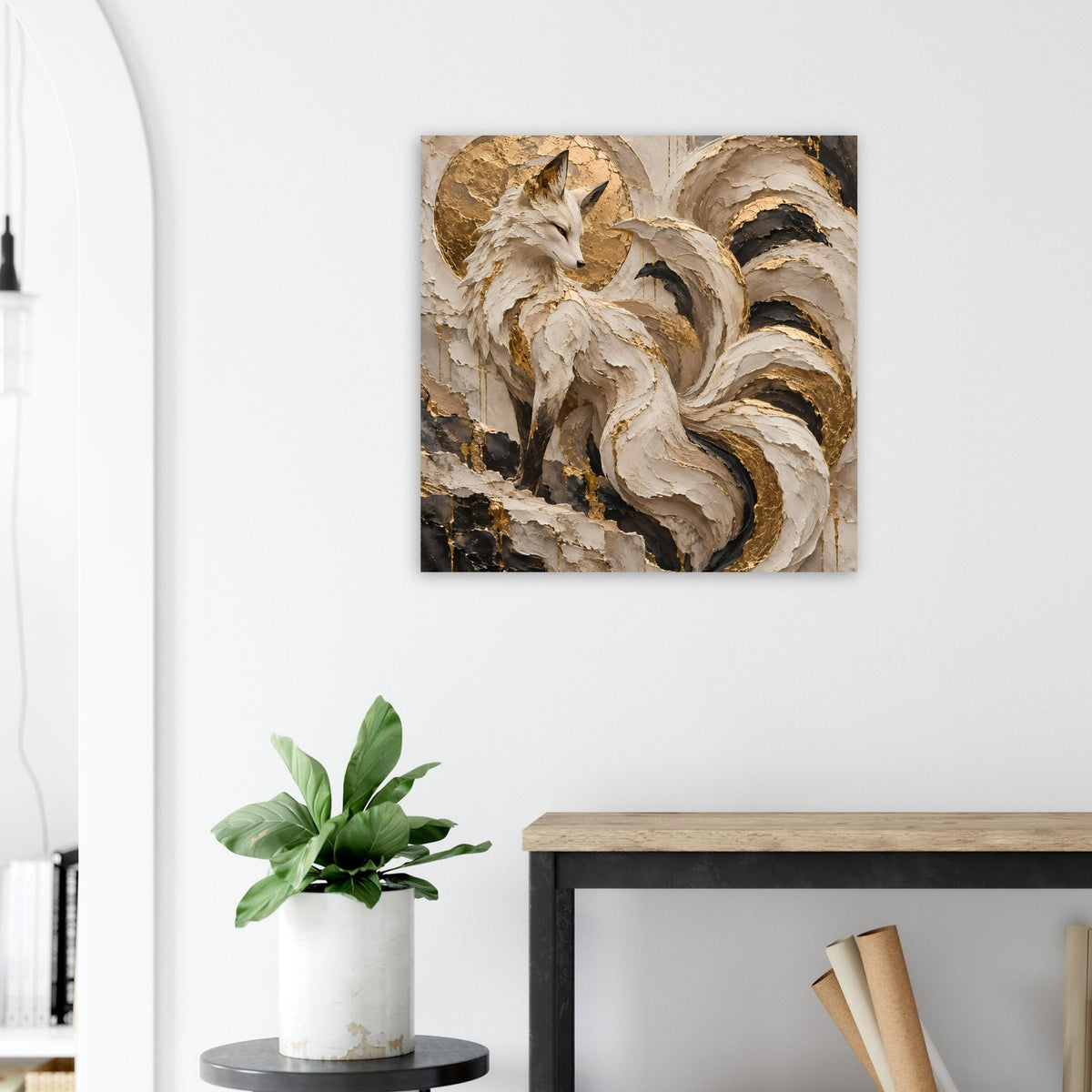 Quadratisches Poster mit Fuchs-Gemälde-Look in Gold, Creme und dunklen Akzenten