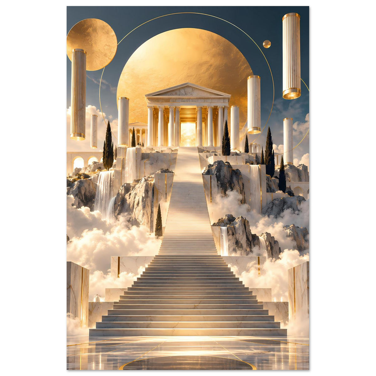 Hochformatiges Kunstposter: goldener Tempel mit Säulen, Treppe und Wolkenlandschaft