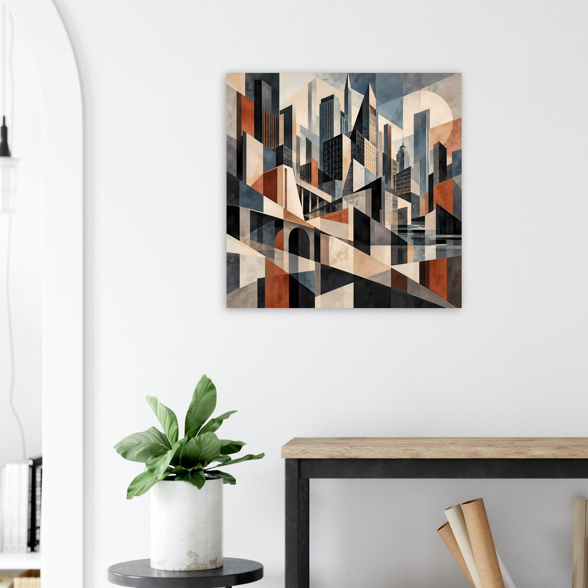 Architekturposter mit Stadtsilhouette in Erdtönen, Blau-Grau und schwarzem Kontrast
