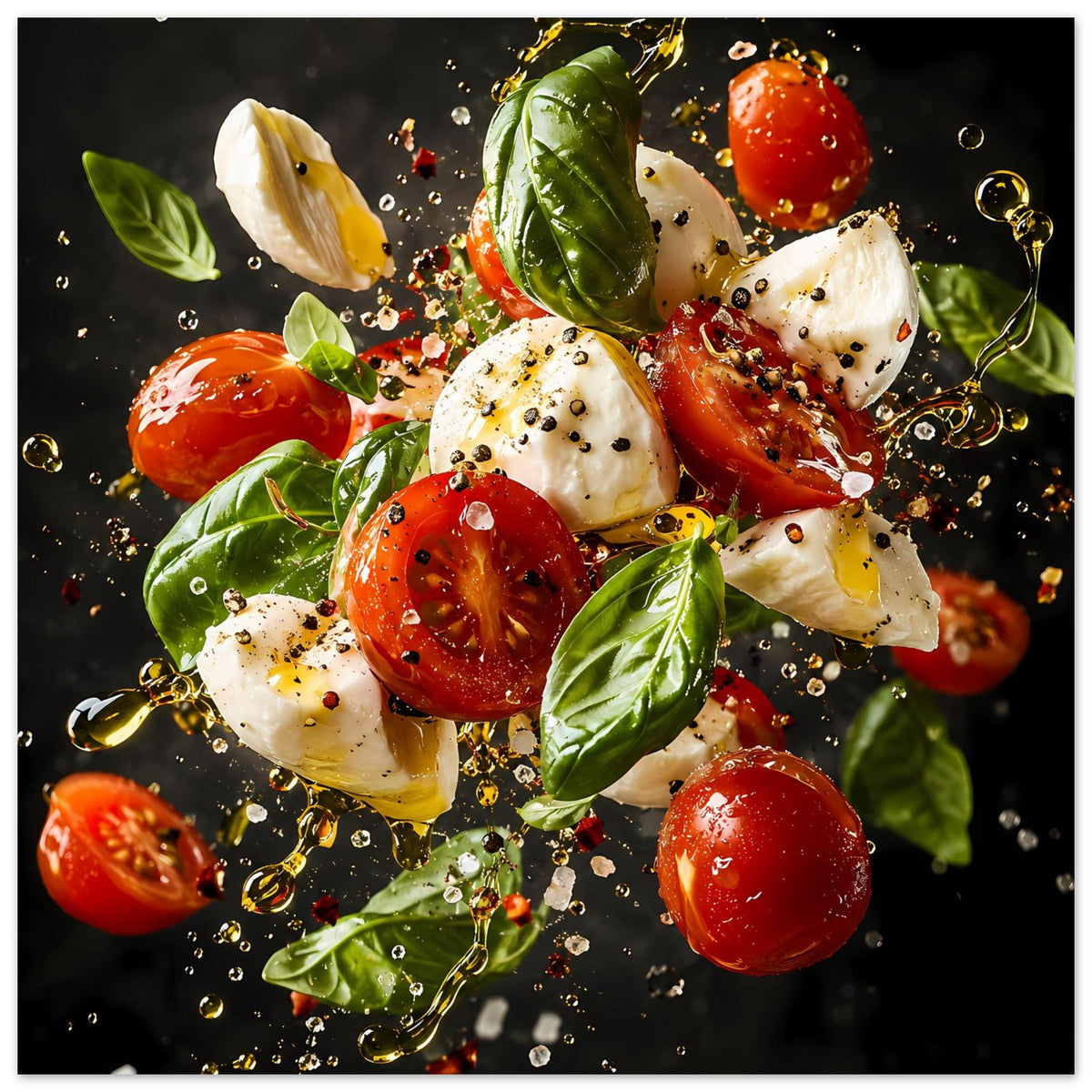 Kunstposter Caprese-Salat: Tomaten, Mozzarella und Basilikumblätter, Spritzer