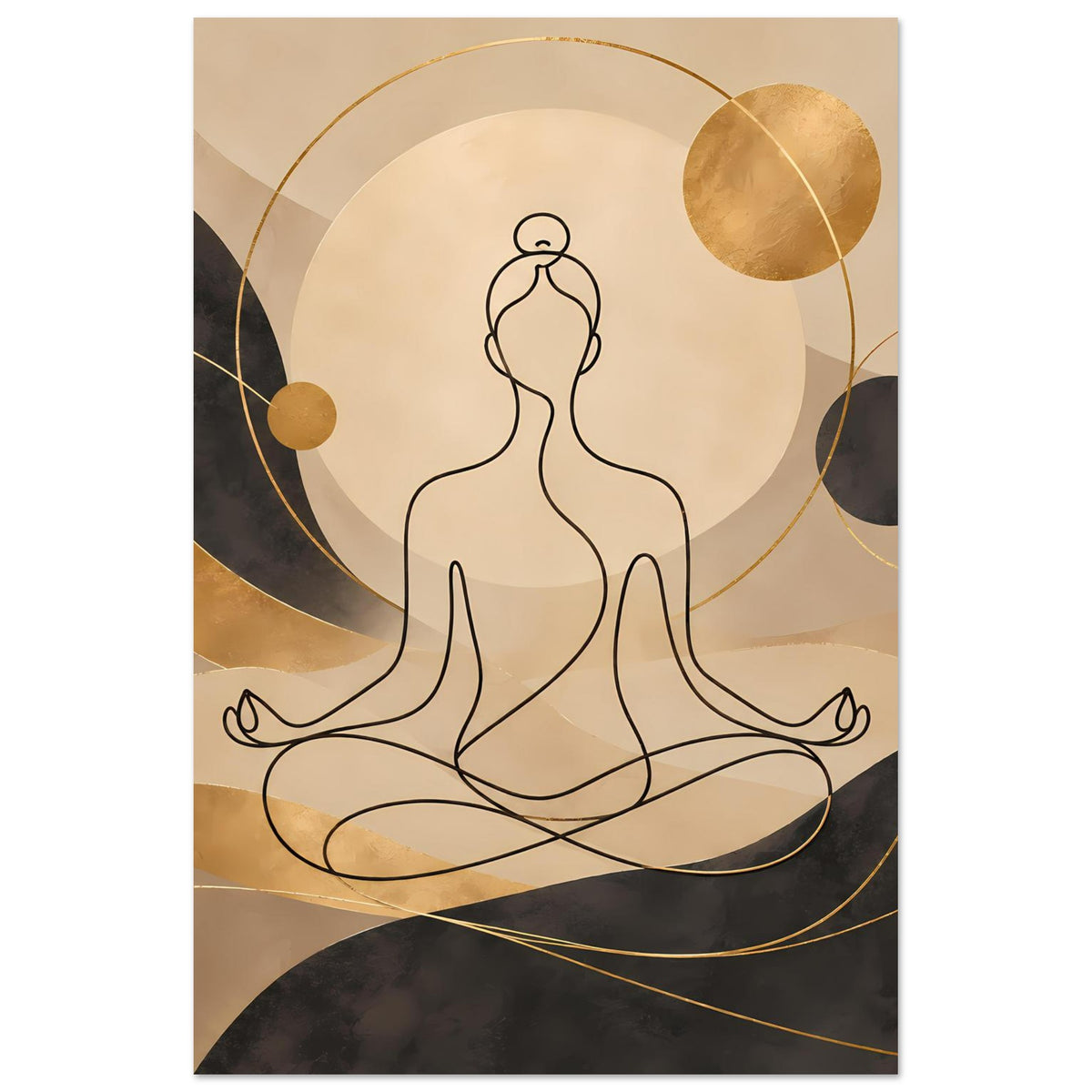 Goldener Yoga-Kunstdruck: Meditierende Silhouette, Kreise und feine Linien im Abstraktstil