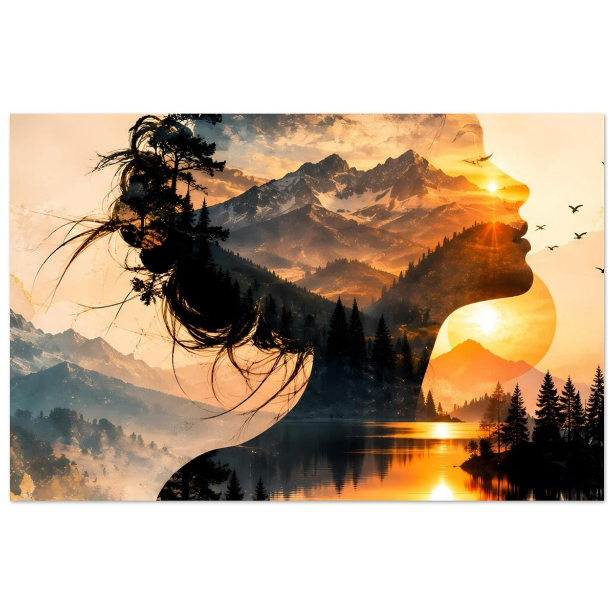 Poster mit Frauengesicht in Profilansicht, Berge und Wald am See, goldene Abendstimmung