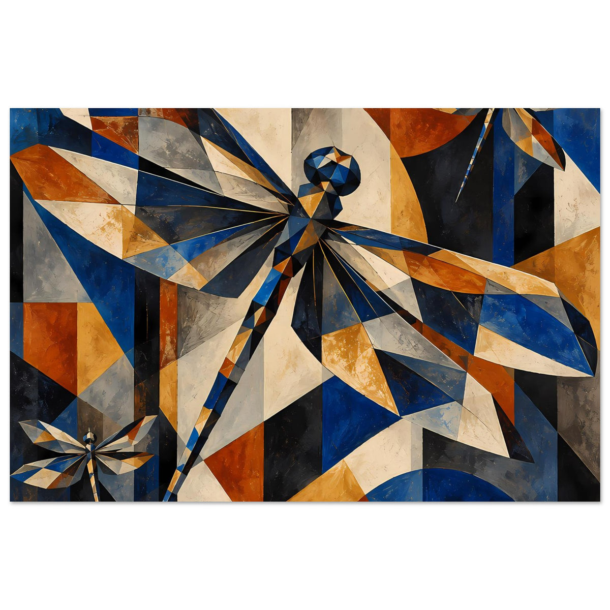 Kunstposter mit zwei geometrischen Libellen und Mustern aus Rechtecken in Blau und Kupfer.