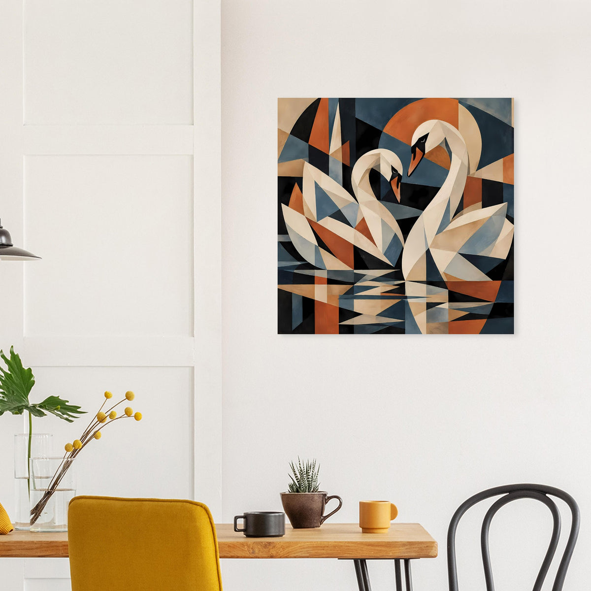 Kubistisches Schwanen-Poster mit stilisiertem Schwanmotiv in Creme, Braun-Orange und Blau