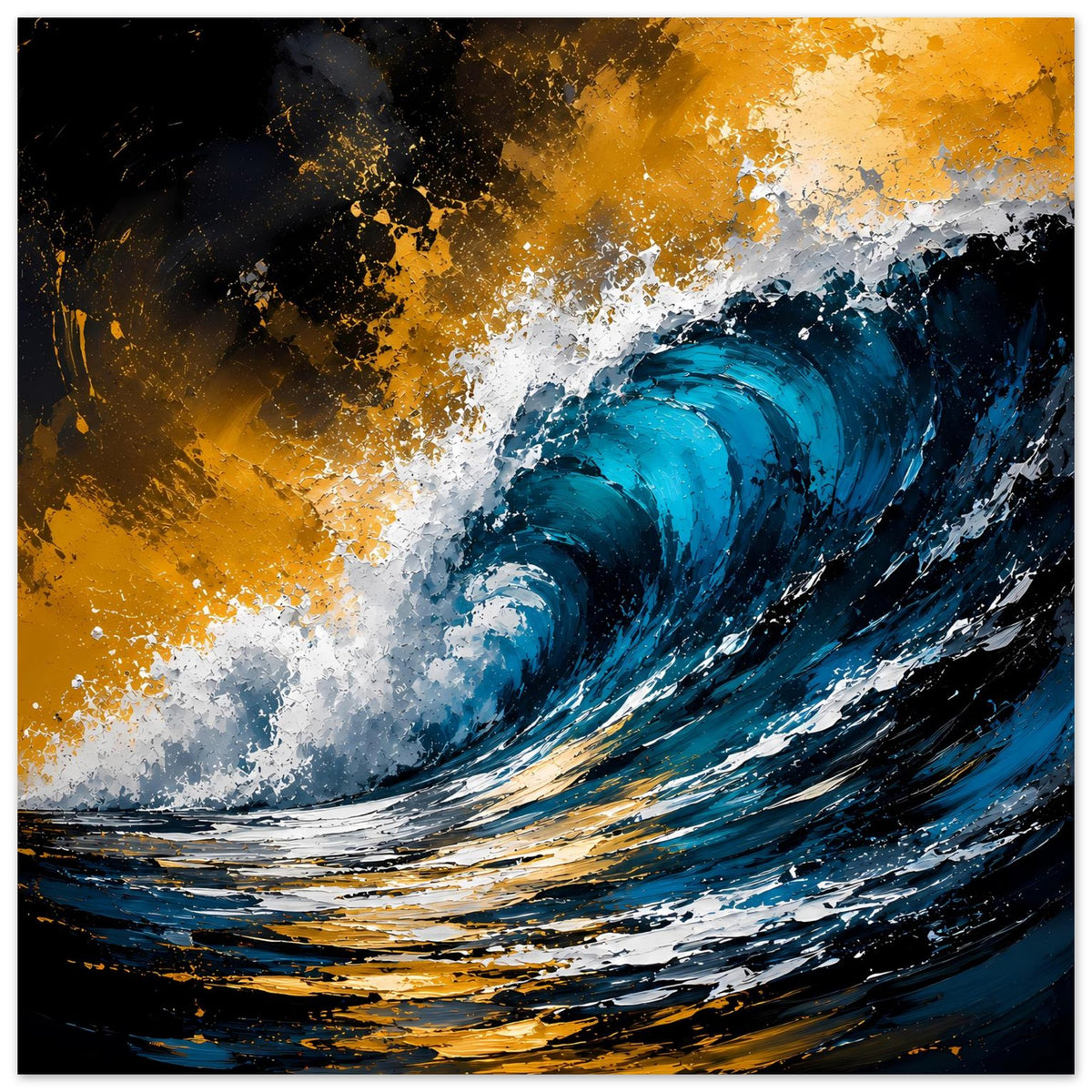 Horizontales Poster mit abstrakter Meereswelle in Blau, Gold und Weiß, dynamisch gemalt