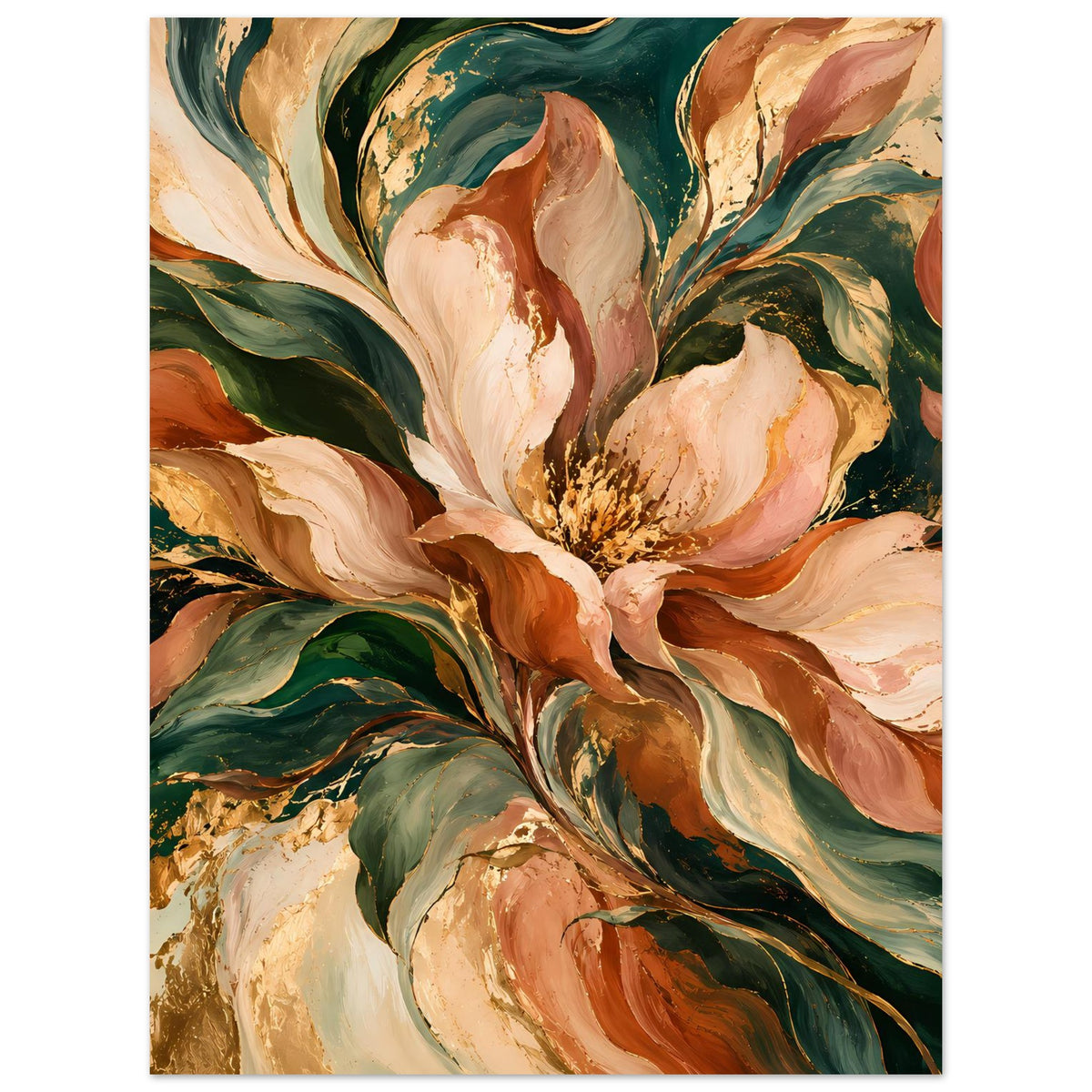 Blumenposter mit großem Blütenmotiv in warmen Herbstfarben, grünen Blättern und Pfirsichtönen