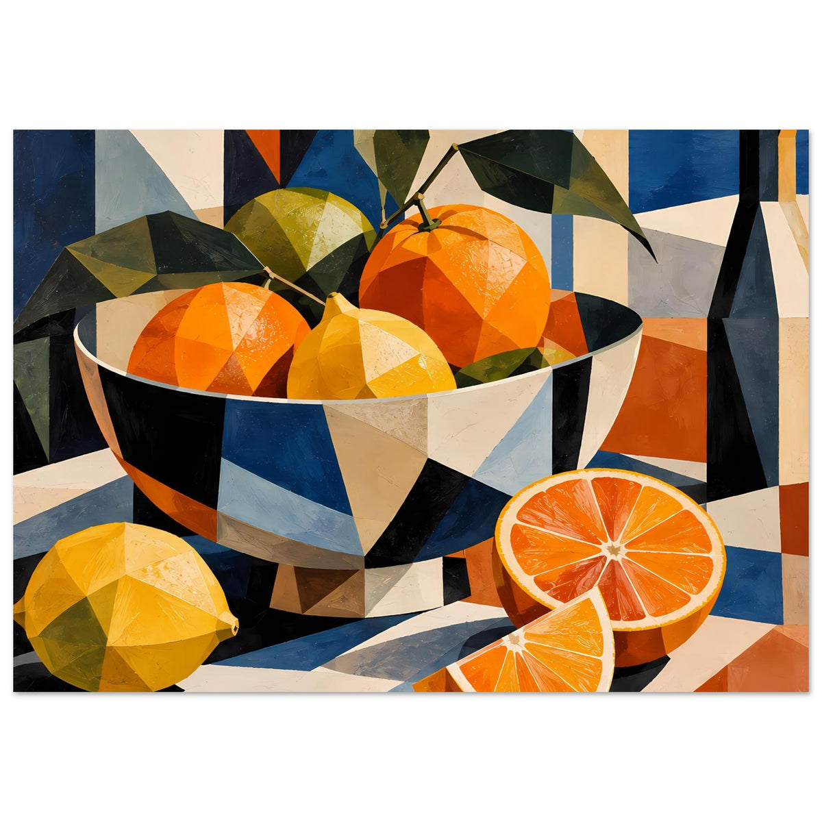 Kubistisches Stillleben-Poster: Schale mit Orangen, angeschnittene Orange und geometrischer Hintergrund