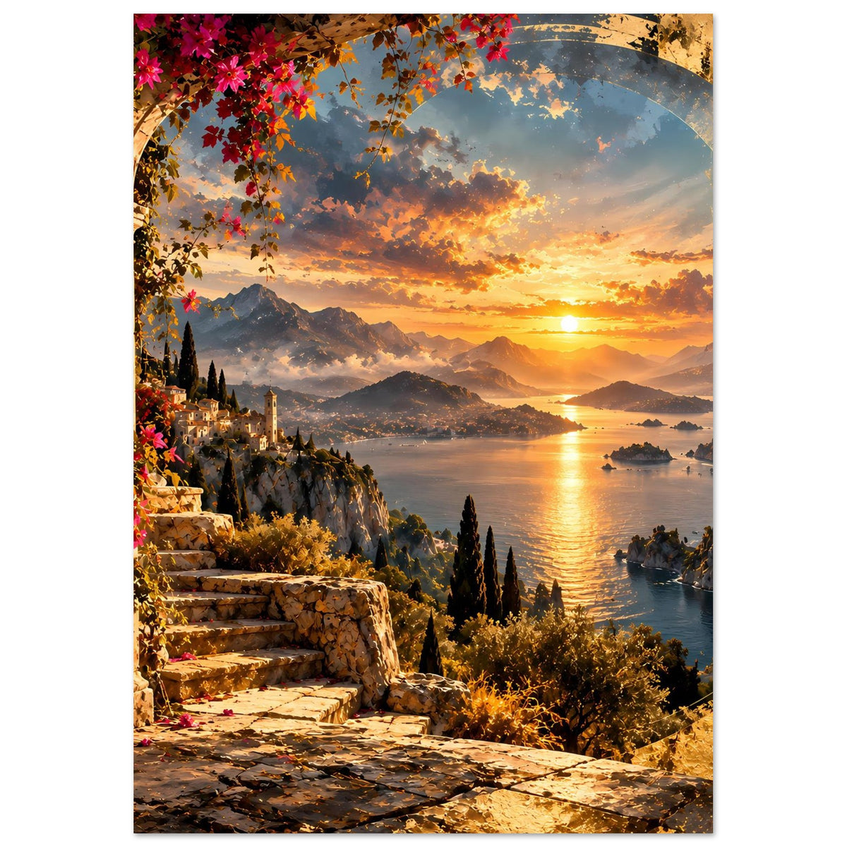 Küstenposter mit goldenem Meerblick, Bergen, Steintreppe und dunklen Zypressen