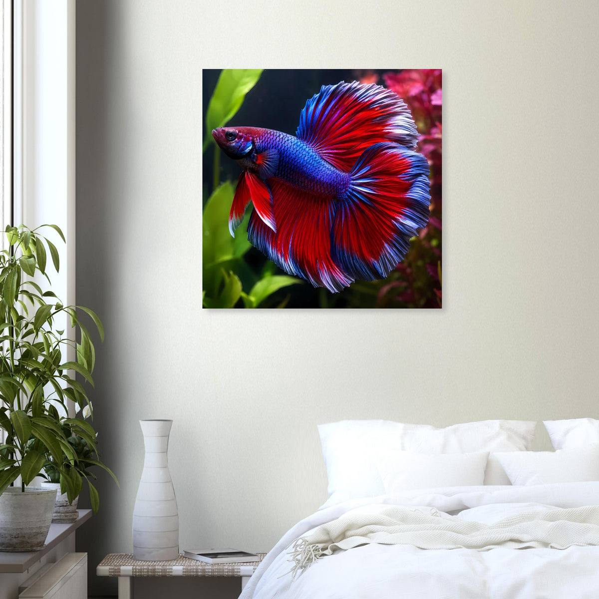 Quadratisches Wandposter mit Betta-Fisch in leuchtendem Blau und Rot