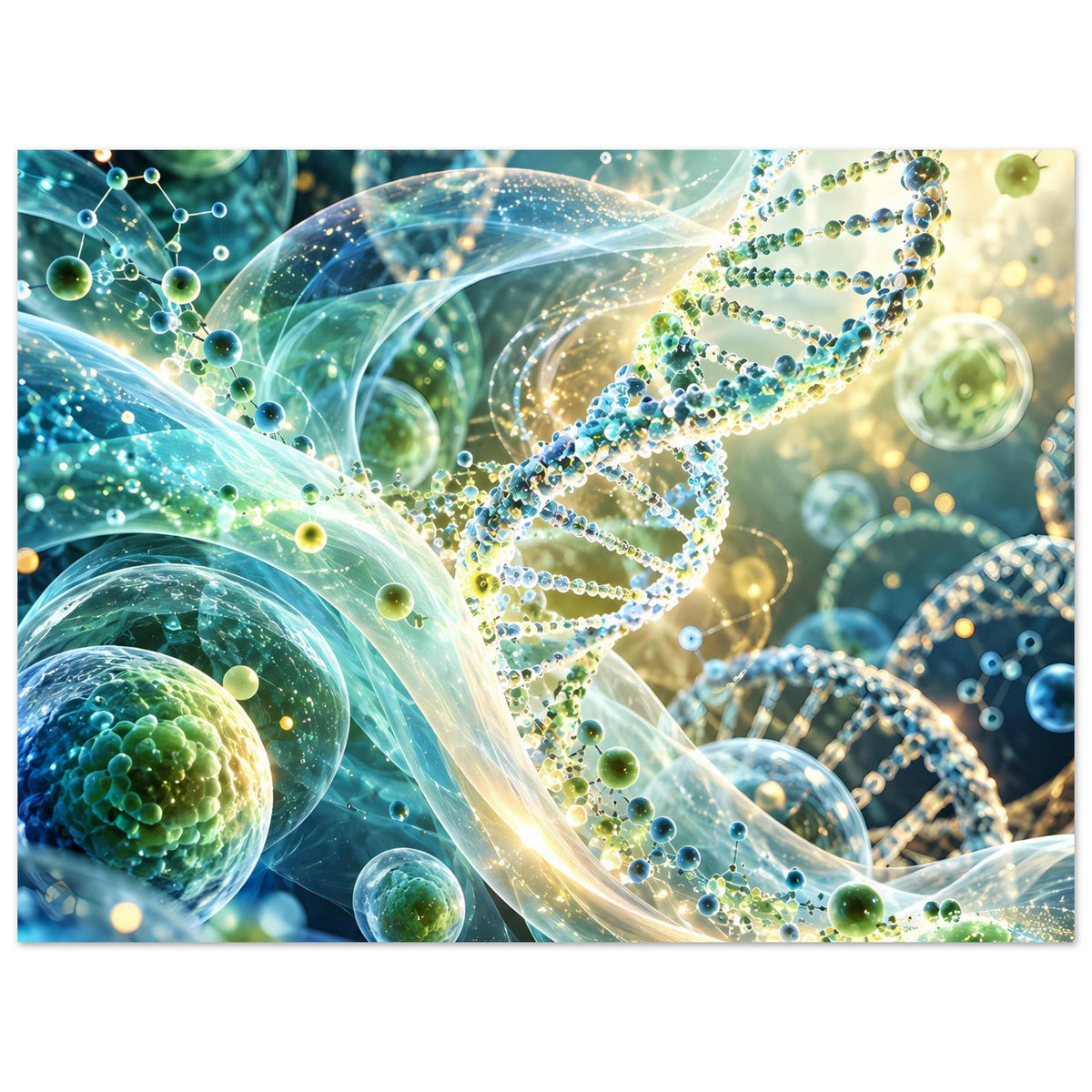 Leuchtendes DNA-Doppelhelix-Biotech-Poster, Querformat mit schimmernder Doppelhelix